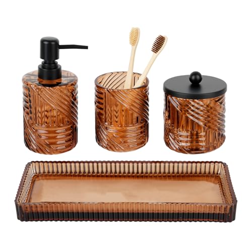 Bathroom Accessories Set,4 Pcs Amber Glass Bathroom Accessories Sets Complete with Lotion Soap Dispenser,Toothbrush Holder,Qtip Holder Dispenser and Vanity Tray,Bathroom Countertop Vanity Organizer - color: Amber Brown
