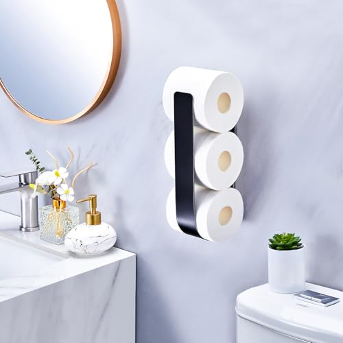 Toilet Paper Storage Wall Mount, Adhesive Toilet Paper Roll Storage for Bathroom Camper, Wall Spare Toilet Paper Holder Extra TP Holder Stand, Metal Matte Black Tissue Holder Organizer
