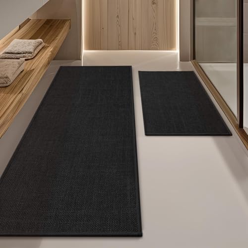 YIHOUSE Black Bathroom Rug Set, 2 Piece, 17"x24" + 17"x47", Non Slip, Quick Dry, Thin, Bath Mat for Bathroom and Kitchen - color: Black, size: 2 Piece (17"x24" + 17"x47")