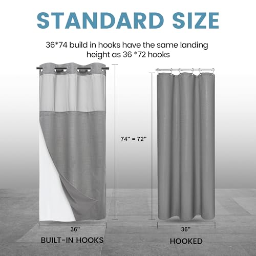 EUTXL Heavyweight Stall No Hook Shower Curtain with Snap in Liner,256GSM Waffle Weave Shower Curtains for Bathroom,36W x 74H,Grey - color: Grey, size: 36"W x 74"L (Pack of 1)