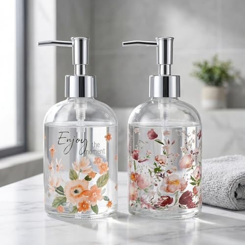 Topadorn Floral Glass Soap Dispenser Set of 2, 17oz Refillable Hand & Dish Soap Pump Bottles for Kitchen, Bathroom Counter Decor, Farmhouse Accessories - color: Pink Floral