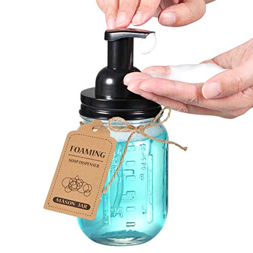 SheeChung Mason Jar Foaming Soap Dispenser-Rustproof Stainless Steel Lid & Foaming Soap Pump, Refill Foam Hand Soap Dispenser Glass for Bathroom Kitchen Vanities, Countertops-Black (1 pk) - color: Black