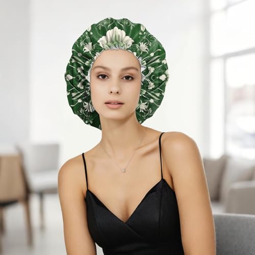 Shower Cap Adjustable Waterproof Double Layer Elastic Reusable Hair Bath Cap Cute Aesthetic for Women Girls-Green Flower - color: R5-Green Flower