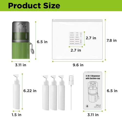 4 in 1 Travel Dispenser Bottle,TSA Approved Refillable Travel Size Toiletries Bottles Set with Suction Cup for Smooth Walls - for Shampoo,Conditioner,Body Wash,Lotion.(Green) - color: Green