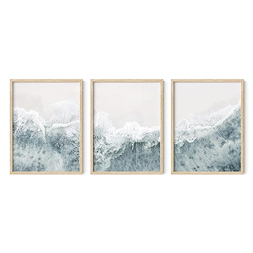 HAUS AND HUES Beach Wall Decor - Set of 3 Pictures Art, Ocean Coastal Nature Modern Poster, Beach Art for Living Room, Bedroom, Office, Kitchen (Beige Frame, 12x16) - color: Ocean, size: 12"L x 16"W, style: Beige Framed