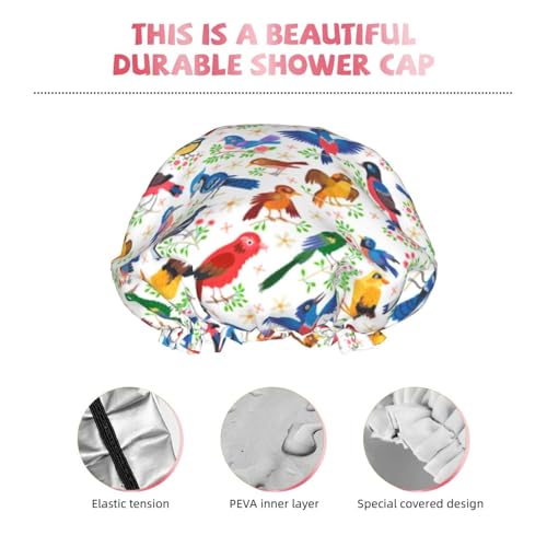 Birds Pattern Shower Cap For Women Reusable Waterproof Double Layers Bath Cap Hair Protection Elastic Ladies Spa Salon Shower Hat - color: Birds Pattern