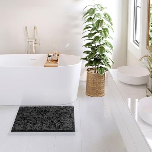 Hearth & Harbor Bathroom Rugs, Chenille Bath Mat - Machine Washable Bath Mats for Bathroom Non-Slip Backing Rubber, Quick Dry Bathroom Mat - color: Black, style: 17 x 24