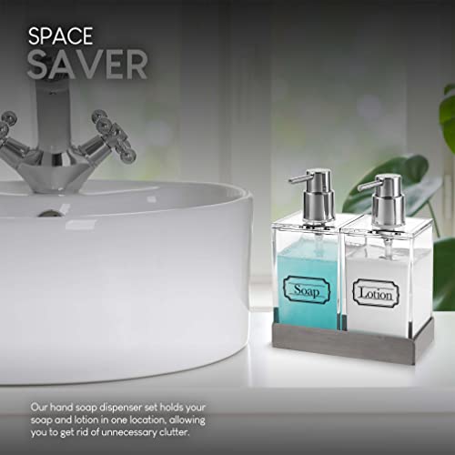Modern Innovations Acrylic Twin Liquid Soap and Lotion Dispenser Set with Caddy - Double Soap Dispenser for Kitchen - Clear Soap Dispenser for Bathroom, Shampoo, Conditioner, Body Wash