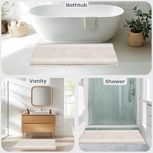 PURRUGS Bathroom Rug Non-Slip Machine Washable 24" x 60", Super Absorbent and Quick Dry Shaggy Microfiber Bath Mat, Extra Soft and Plush Bath Rug for Bathtub, Shower, and Sink, Beige - color: Beige, size: 24" X 60"