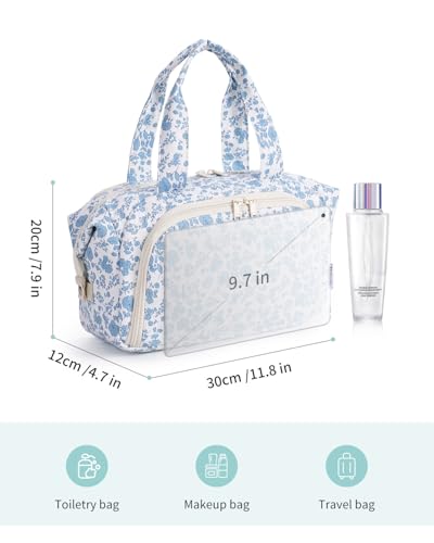 Narwey Travel Toiletry Bag for Women, Large Makeup Bag, Wide Open Cosmetic Make Up Organizer with Handle, Wet Pocket for Towel, Travel Bag for Toiletries, Brushes, Essentials (Little Blue Flower) - color: ZA-Little Blue Flower
