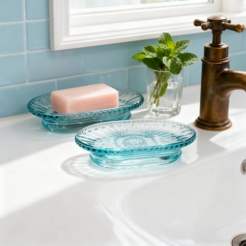 Foraineam 3 Pack Glass Soap Dish, Decorative Embossed Bar Soap Saver Tray Holder for Shower Room, Bathtub, Bathroom Counter, Kitchen Sink