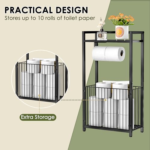 Freestanding Toilet Paper Holder with Storage Shelf - Larger Size Bathroom Tissue Stand with Space for Multiple Rolls, Phone, Wipes, and Magazines – All-in-One Toilet Roll Dispenser and Organizer