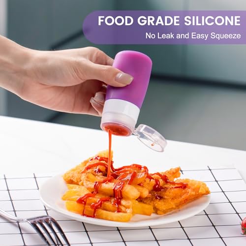 MICEBAY Condiment Squeeze Bottles for Sauces, 2-oz Mini Silicone Salad Dressing Container to Go with Snack Storage Bag, Leakproof Sauce Bottles for Lunch Box, 4 Pack, Purple - color: Purple, size: 2 OZ