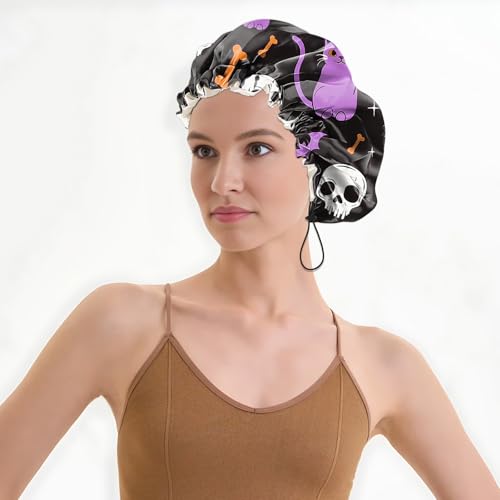 Luxury Shower Cap Satin Lined Reusable Waterproof Double Layer Elastic Adjustable Hair Bath Cap Cute Aesthetic Women Girls-Cat - color: F11-Cat