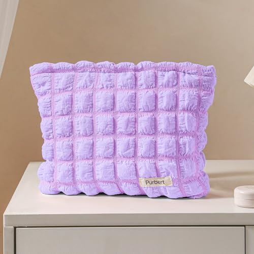 Bubble Cloud Makeup Bag - Large Capacity Travel Cosmetic Organizer | Puffy quilted design, smooth zipper, cute aesthetic makeup pouch, ideal for daily storage, travel, for women, girls - color: Purple