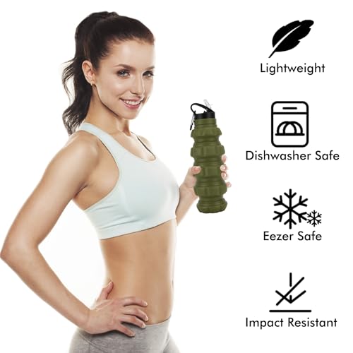QiCheng&LYS Collapsible Water Bottle Sports Bottle 19.5OZ/580ml Travel Water Bottle for men women kids. BPA Free Food Grade Silicone. (Army green) - color: Army green