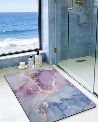 DEXI Bathroom Mat Ultra Thin, 32x20 Non Slip Bath Rug for Shower Floor, Absorbent Quick Dry Marble Bathmats Low Profile, Blue and Purple - color: Blue and Purple, size: 32" X 20" (Rectangular)