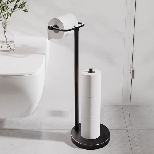 RARXTR Toilet Paper Holder Stand, Post Pivoting Design Free Standing Toilet Paper Holder with Storage for 4 Rolls, 304 Stainless Steel Tissue Holder with Reserve, Heavy-Duty Base (Oil Rubbed Bronze) - color: Oil Rubbed Bronze, size: Free Standing With Sto