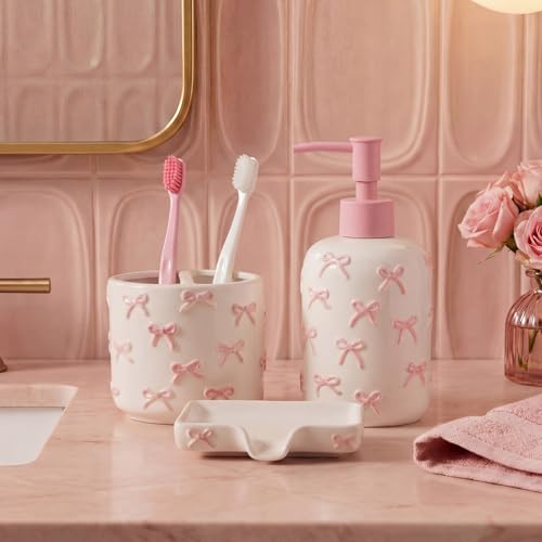 White Cute Ceramic Bathroom Accessories Set 3 Pcs - White Bowknot Soap Dispenser, Toothbrush Holder, Soap Dish - Modern Coquette Preppy Bathroom Decor & Apartment Essentials (Novel Style) - color: White