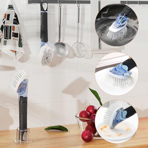 Soap Dispensing Replacement Dish Brush Storage Set with 2 PCS Brush Refills & Holder - RIMAY Dispenser Scrub Cleaning Scrubber Kitchen Dishwashing Dish Wand Handle for Dishes/Pans/Pots/Sink(Black) - color: Black