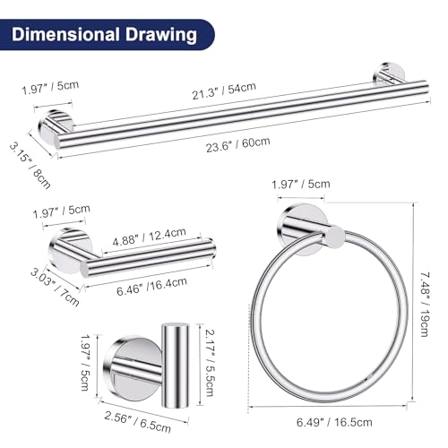 Lairuier 5 Pieces Polished Chrome Bathroom Accessories Set, SUS304 Stainless Steel 24 Inch Bath Towel Bar Set, Round Toilet Paper Holder Set Wall Mounted - color: Polished Chrome, size: 5-Piece Standard Set