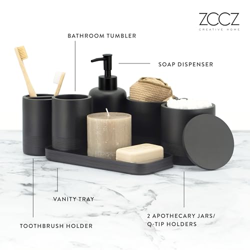 ZCCZ Black Matte Bathroom Accessories Set 6 Pieces - Toothbrush Holder, Lotion Dispenser, Qtip Container, Vanity Tray, Tumbler - Countertop Organizer for Bathrooms - Elegant and Functional Décor Set - color: Black Matte, size: 6pcs