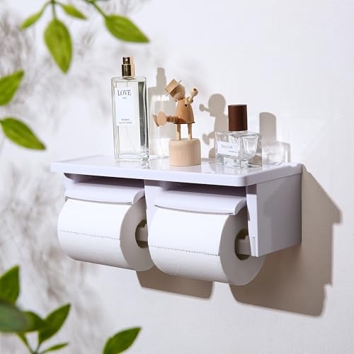 Double Toilet Paper Holder Wall Mount with Shelf- with Gear Cutter for Residential Bathrooms & Commercial Toilet Paper Dispenser for Commercial Bathroom - color: Abs White&white, size: Full