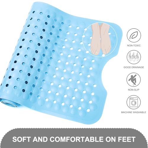 TEESHLY Bath Tub Shower Mat, Non Slip Bathtub Floor Liner Mats with Suction Cups and Drain Holes, Machine Washable Bathmat for Bathroom Floor Safety, 40 x 16 Inch, Sky Blue - color: Sky Blue