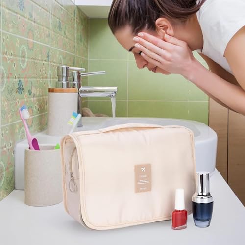 Makeup Bag,Large Capacity Make Up Bag for Women Men,Open Flat Travel Cosmetic Bag Organizer Toiletry Bag with Compartments(Beige)