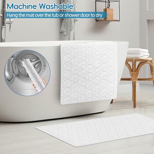 Bathtub Mat Non Slip with Suction Cups - 100% Rubber Bathroom Mat Textured for Bath Tub Shower Safety - Soft on Touch - BPA/PVC Free - Pet Dog Bath Mat - Machine Washable - 17 × 35 Inch（White） - color: White (Opaque), size: 35" x 17" (Rectangular)