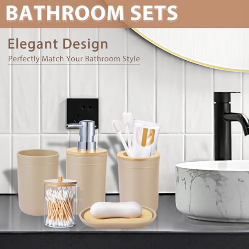 iMucci Bathroom Accessories Set 5Piece Beige Bathroom Sets, Toothbrush Holder, Toothbrush Cup, Lotion Soap Dispenser, Soap Dish and Qtip Holder Bathroom Decor - style: Beige