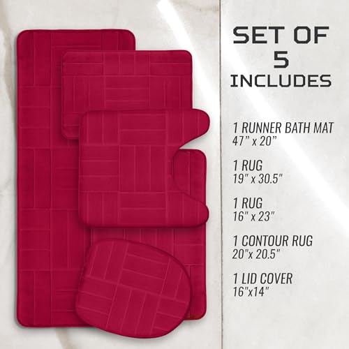 5 Piece Bathroom Rugs Set - Soft Non Slip Memory Foam Large Mats - Perfect Combination of Luxury and Comfort (Burgundy/Line Design, 5 Piece Set) - color: Burgundy/ Line Design