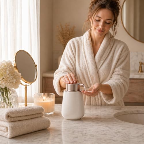 Bosilunlife Hand Soap Dispenser - 12oz Ceramic Soap Dispenser Bathroom Refillable Liquid Soap Pump Dispenser for Bathroom Kitchen Dispenser for Dish Soap with Easy-to-Press Pump - color: Apricot