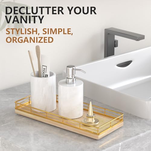 Bathroom Tray for Counter Top Organizer, Oak Wood Vanity Tray | Metal Frame for Dresser, Kitchen & Nightstand, Gold & Oak Decorative Storage - color: Gold & Oak, size: 11" x 4.5" x 1.5"