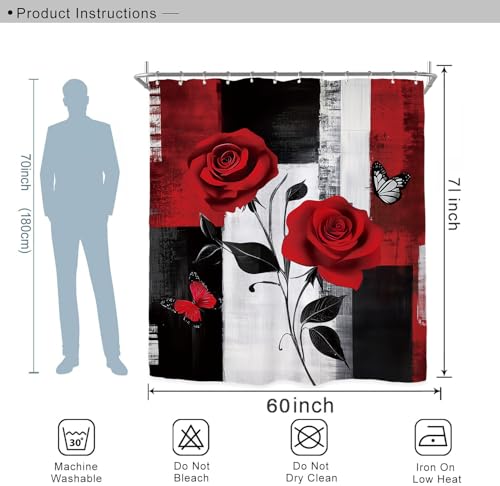 Miyotaa Abstract Black Red Rose Shower Curtain Set 60Wx71H Inches Modern Brushstroke Minimalist Painting Art Waterproof Bathroom Curtain with 12 Hooks - color: Black Red Rose, size: 60"W x 71"L (Pack of 1)