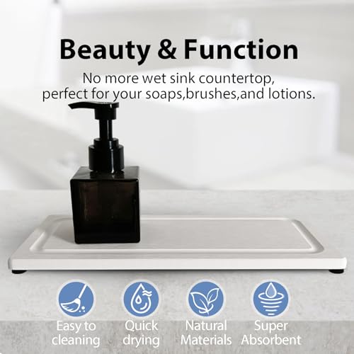 2 PCS Fast-Drying Stone Trays for Bathroom Sink & Kitchen Counter, Water Absorbing Diatomite Sink Coasters, Vanity Tray, Hand Soap Holder with Anti-Skid Pads (11" x 4.7" White) - color: 11" X 4.7" White