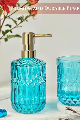 LaMarriti Teal Blue Bathroom Accessories Set, 5Pcs Clear Glass Bathroom Set, Hand Soap Dispenser Set, Soap Dish, Toothbrush Holder, Tumbler, Q-Tips Holder for Crystal Vantage Bathroom Decor - style: Teal Blue