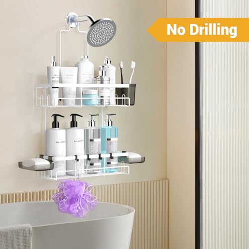 AKTECKE Shower Caddy Hanging Bathroom Organizer: Rustproof Shelf for Inside Shower - No Drilling Racks Over Showerhead - Bath Shelves for Shampoo Soap - color: White