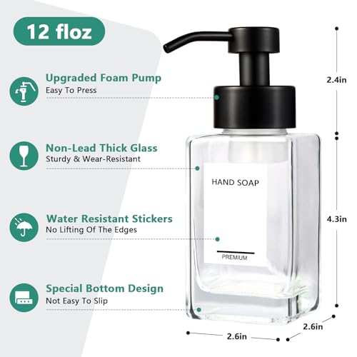 Foaming Soap Dispenser 2 Pack, 12oz/350ml Glass Foaming Hand Soap Dispenser Set with Stainless Steel Pump, Square Refillable Foam Pump Bottles for Bathroom&Kitchen,Includes 6 Labels - color: Clear