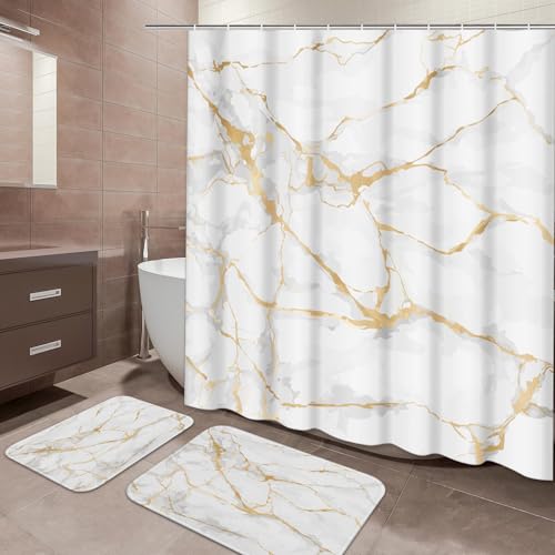 ArtSocket White Bathroom Set with Shower Curtain and Rugs and Accessories, Marble Gold Rose Stone Shower Curtain Set, Modern Mable Bathroom Decor 3-Piece Set - color: Modern 2