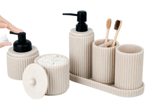 Beige Bathroom Accessory Set - 6 Pcs: Toothbrush Holder, Lotion & Foaming Soap Dispensers, Qtip Holder, Vanity Tray, Bathroom Tumbler - Countertop Organizer - color: Beige
