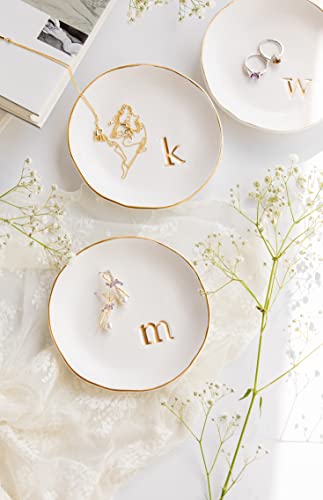 COLLECTIVE HOME Ceramic Jewelry Tray, Trinket Dish, Gifts for Women (F) | Mother's Day, Birthday, Christmas, Engagement Gifts, Vanity, Nightstand Decor, Embossed Gold Monogram Ring Dish with Gift Box - color: F