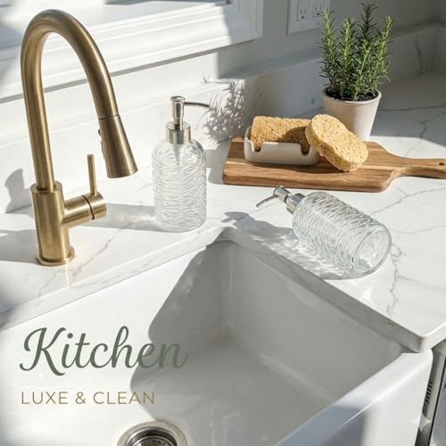 BOPPIE Ribbed Glass Soap Dispenser, Modern Countertop Hand & Dish Soap Dispenser for Bathroom/Kitchen, Refillable Liquid Soap Bottle with Rust Proof Pump Set of 2 (Clear Glass) - color: Clear Glass