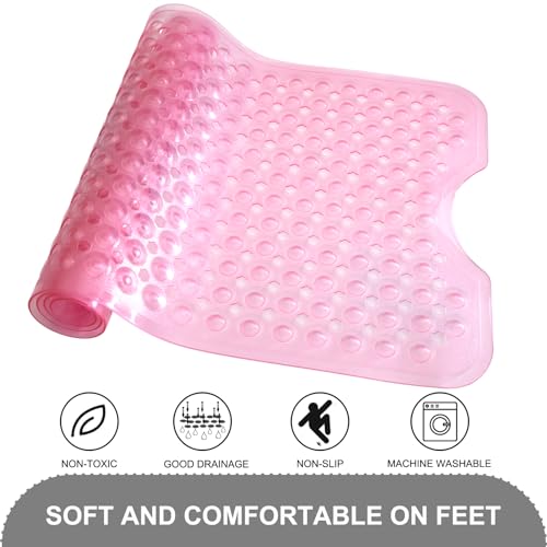 TEESHLY Bath Tub and Shower Mats, Non Slip 40 x 16 Inch Extra Large Bathtub Mat, Machine Washable Bathmat with Drain Holes, Suction Cups for Bathroom Floor, Clear Pink - color: Pink (Translucent)