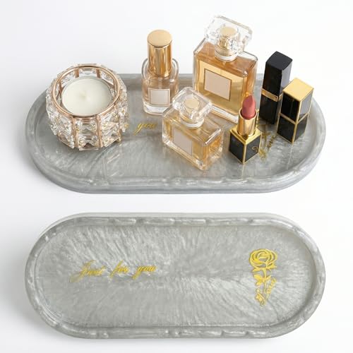 Bathroom Vanity Trays for Counter: Grey Resin Towel Tray Organizer with Words - Oval Bathroom Sink Tray Countertop - Decorative Tray for Perfume/Oil Bottles - color: Grey2