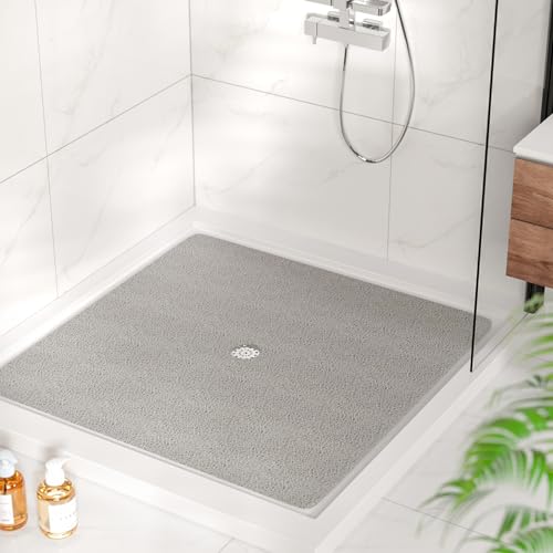 HITSLAM Square Shower Mat, 47 x 47 Inch Non Slip Bath Mat for Tub, Soft PVC Loofah Bathtub Mats with Drain Holes, Quick Drying Bathroom Stall Floor Mat, Bathroom Accessories Without Suction Cup, Grey - color: Grey, size: 47" x 47" (Square)