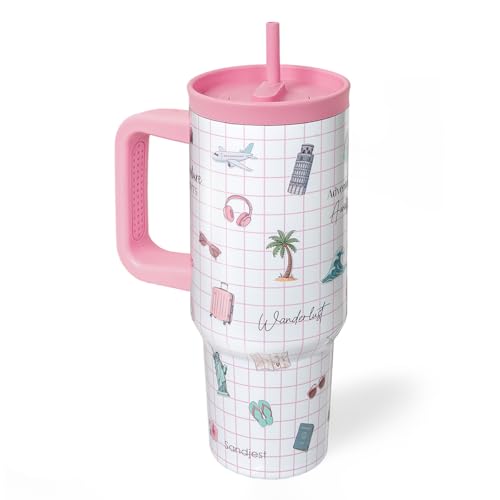 SANDJEST Travel Lover Stainless Steel Locking Lid Silicone Straw Tumbler with Handle 40oz, Insulated Stainless Steel Travel Cup for Women Girls Friends, Gift Idea for Birthday Christmas - color: Travel Lover