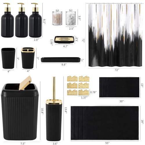 32PCS Bathroom Accessory Set Black Bathroom Accessories Bathroom Set, Shower Curtain Set, 2 Piece Bath Towel Set, 3PC Soap Dispenser, Toilet Brush & Trash Can - size: Bath Set+Oil Paint Shower Curtain+Towel Set, style: Black