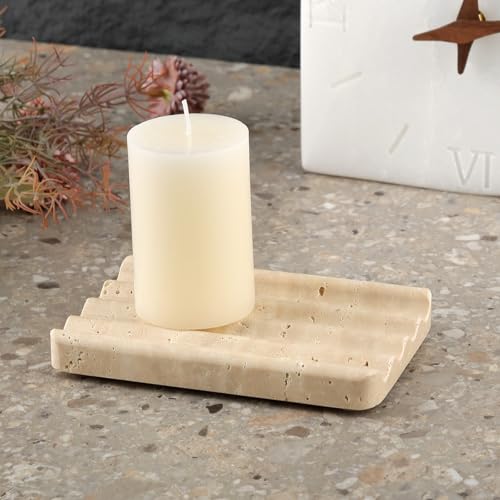 Karibiber Marble Soap Dish, Beige Travertine Bar Soap Holder Shower, Large Bathroom Soaps Saver, Easy Cleaning Natural Stone Sponge Holder for Kitchen Sink, Executive Jewelry Ring Tray - color: Travertino Romano