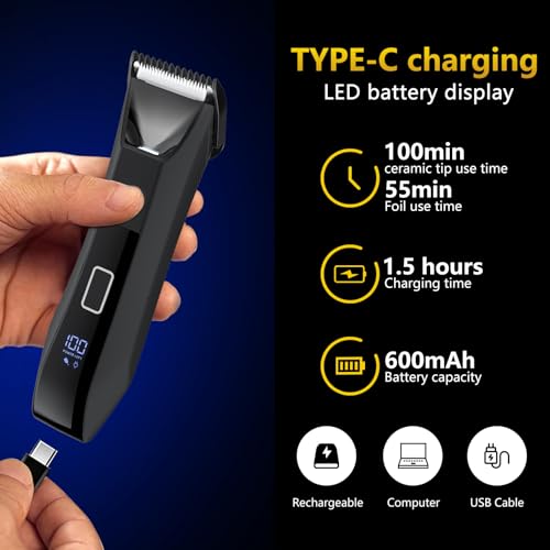 Manscape Men Body Trimmer IPX7 Waterproof Ball Pubic Hair Groomer | 3‑in‑1 no‑nick trim, LED display, travel lock, lightweight, nose trimmer, travel gift for men, fully washable body shaver - color: Black